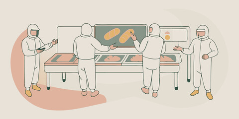 Cleanroom Environment An illustration of a cleanroom filled with scientists in sanitized suits working on labgrown meat projects with hightech machinery and glowing screens