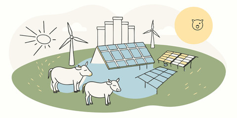 Clean Energy An illustration showing labgrown meat production powered by renewable energy sources like wind and solar symbolizing ecofriendliness.