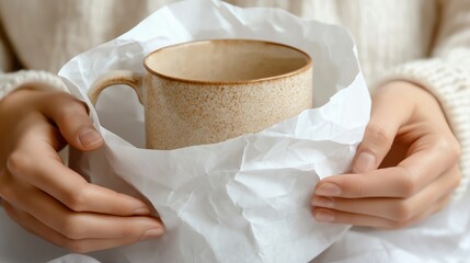 Gift for a holiday, handmade ceramic mug for coffee or tea in packaging and gift box, in the hands of the buyer	