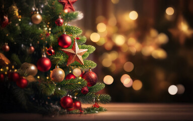 A decorated Christmas tree with ornaments, lights, and a star on top, with a warm, inviting background of blurred lights.