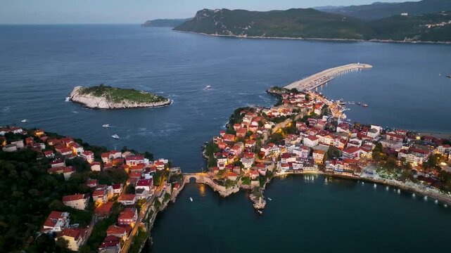 Night view of Amasra, the historical peninsula dating back to the Genoese