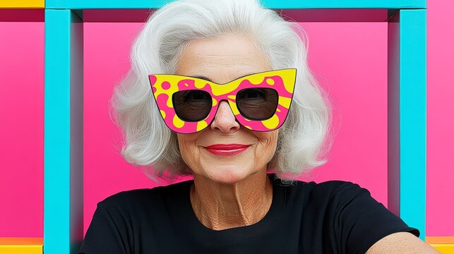 Woman wearing a pair of sunglasses with a yellow and pink design. She is smiling and looking at the camera