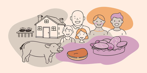 Community Benefits A visual representation of a community benefiting from energyefficient labgrown meat production with smiling families reduced energy bills and sustainable