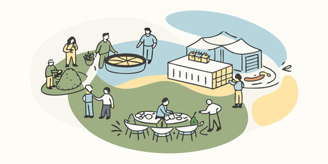 Community Food Hub A bustling community food hub with people exchanging fresh produce and cultured meat products emphasizing local sourcing and a circular economy in food