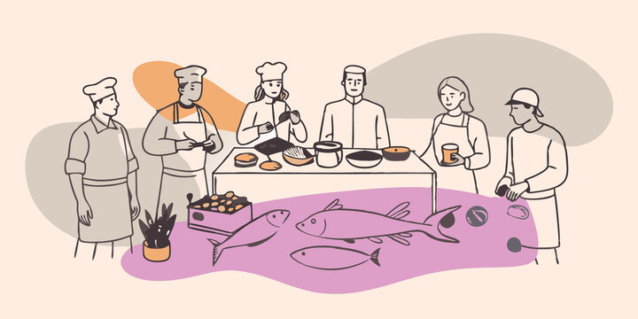 Community Engagement Illustrate a community gathering where local chefs cook with labgrown seafood promoting sustainable eating habits and marine conservation with informative