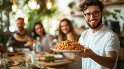 a man holding a plate of pasta serving a group of friends, sitting at a table, in the kitchen, they are happy