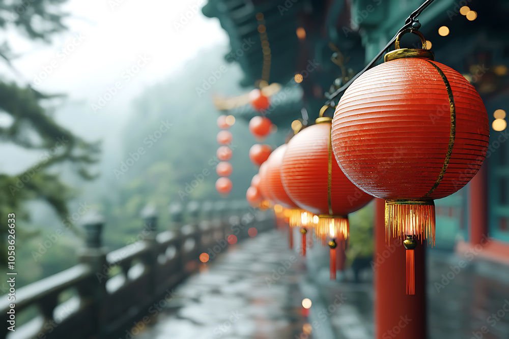 Poster illuminating the path a captivating row of red lanterns guiding visitors through an ancient temple a