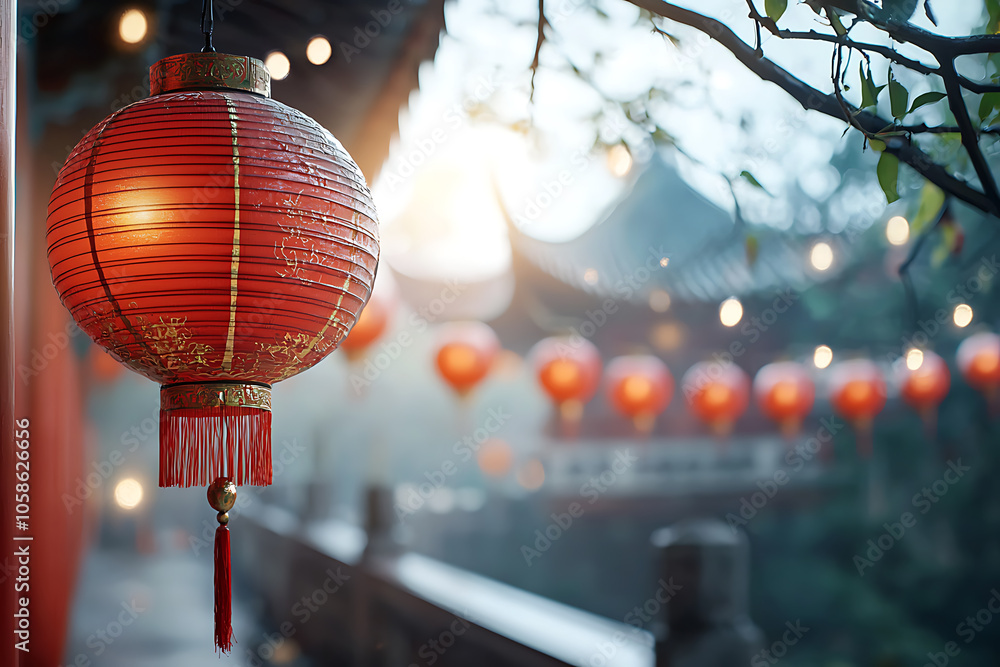 Poster illuminated serenity a row of red lanterns gracing an ancient temple at dusk