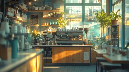 Fototapeta premium Modern Café with Stylish Interior Design, Cozy Atmosphere, and Contemporary Coffee Bar Setup
