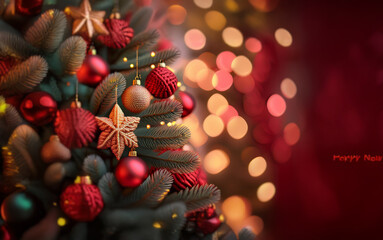 Obraz premium A decorated Christmas tree with red and gold ornaments and twinkling lights against a red and gold blurred background.