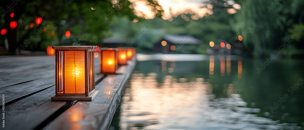 Poster serene evening by the river a row of illuminated red lanterns reflecting on calm waters