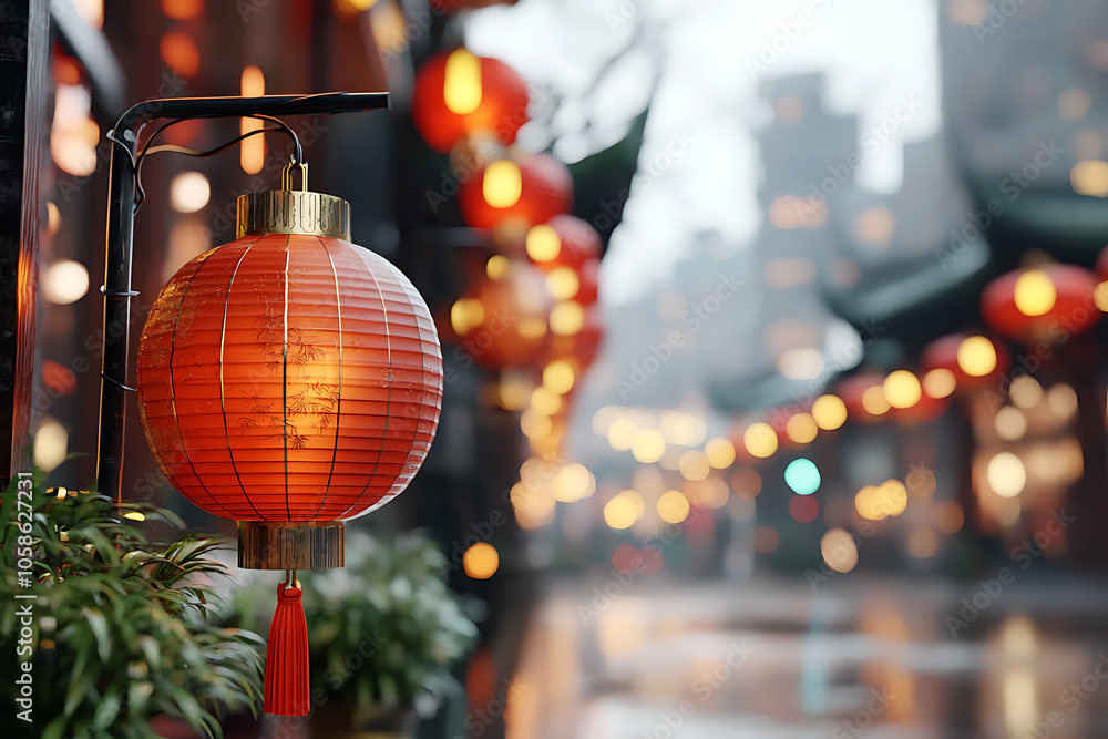 Poster illuminated serenity a mesmerizing display of glowing red lanterns transforming the street into a ma