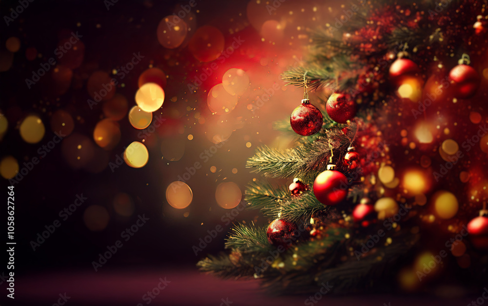 Poster a close-up of a decorated christmas tree with red ornaments and a bokeh background of gold and red l