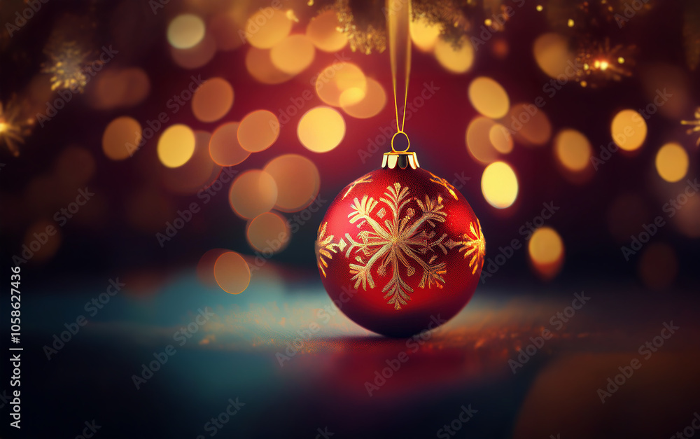 Poster a single red christmas ornament with gold snowflake design hangs in front of a bokeh background.