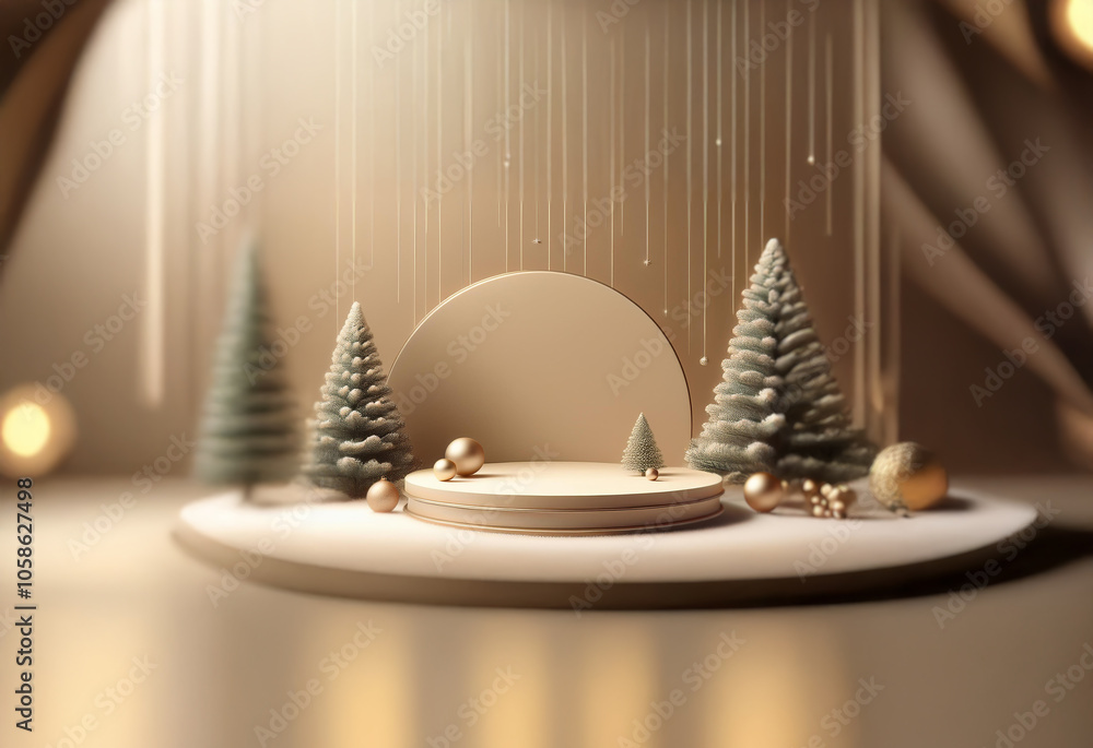 Poster a circular podium with a brown platform and a white base sits in front of three pine trees with gold