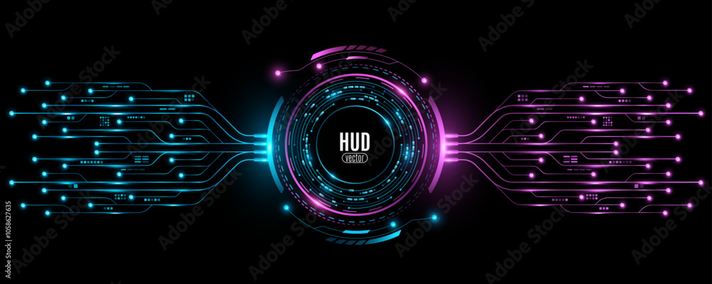 Poster glowing digital hud circle with ai circuit board on black background. futuristic hi-tech user interf