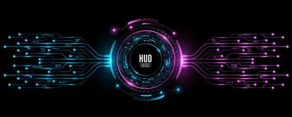 Glowing digital hud circle with AI circuit board on black background. Futuristic hi-tech user interface panel with electronics details. Modern UI design. Vector illustration. EPS 10