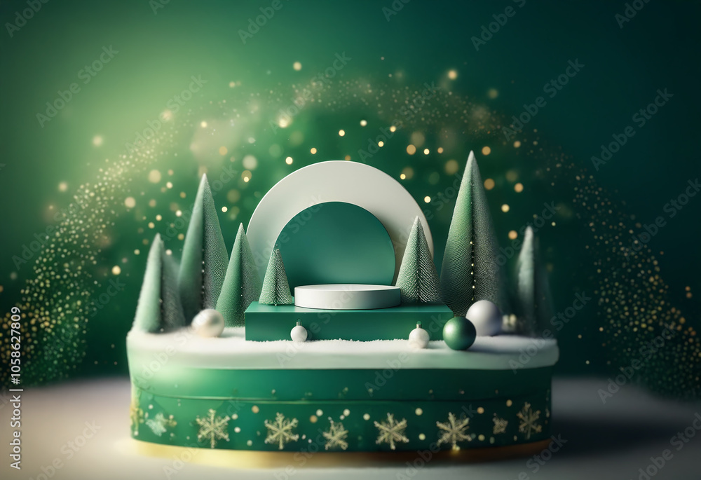 Poster a white and green 3d rendering of a product display with wintery forest and snowy background.