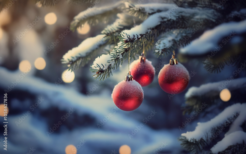 Poster three red ornaments hang from a snow-covered pine branch with a blurred background of twinkling ligh