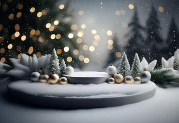 A snowy winter scene with a circular platform surrounded by fir trees and snow-covered ornaments, with a blurred background of a snowy forest and twinkling lights.