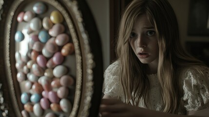 Obraz premium Young Girl Looking in Mirror with Easter Eggs