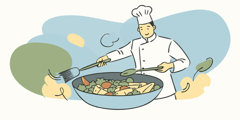 Innovative StirFry A chef tosses assorted vegetables and labgrown chicken in a wok with colorful sauces drenching the mix in a lively kitchen scene.
