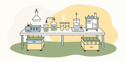 Laboratory Setup An overview of a clean laboratory with various equipment including a bioreactor in the center lab table and sterile containers.