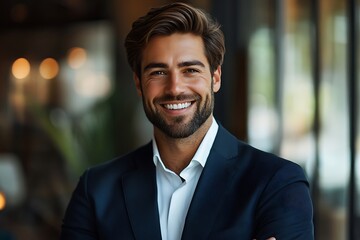 Fototapeta premium Confident Businessman in Navy Blue Suit Smiling Portrait