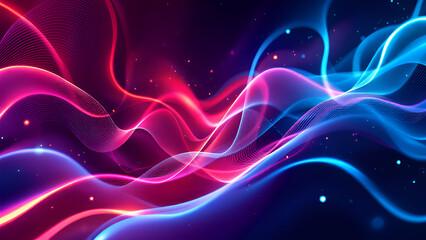A dark background with glowing neon blue and red waves, creating a dynamic and abstract design. Scattered glowing particles add depth and texture to the composition.
