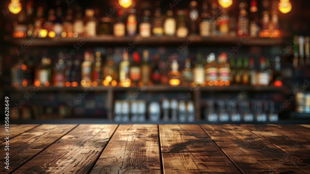 Poster wooden table surface with blurred bottle background in bar with copy space, ai generated image