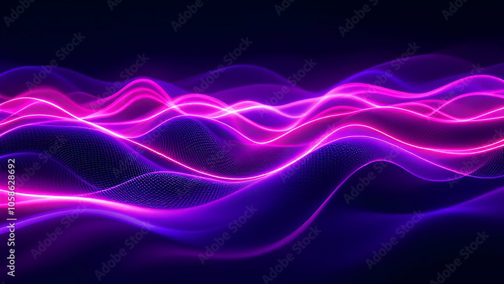 Poster a dark background with flowing, glowing waves of purple and pink neon light creating an abstract and