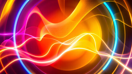 Obraz premium A vibrant image with blue, yellow, and pink light trails, swirling in a dynamic pattern, resembling waves and creating a captivating abstract backdrop.