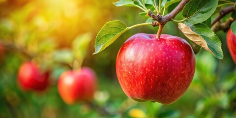 Ripe red apple hanging on apple tree branch