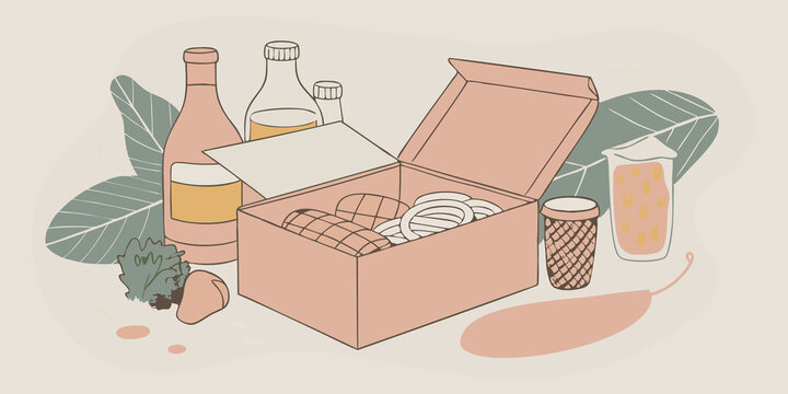 Monthly Themes An illustration featuring different themed subscription boxes such as BBQ Night Gourmet Dinners and Family Favorites showcasing different labgrown meat offerings.