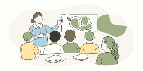 Nutrition Education A classroom scene where a teacher educates children about the benefits of cultured meat in a food security context promoting knowledge.