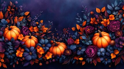 A delightful fall arrangement showcasing pumpkins, vibrant leaves, and seasonal decorations against a deep purple backdrop, ideal for Thanksgiving-themed projects and creative advertising