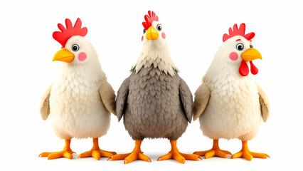 Fototapeta premium Cartoon Chickens in a Row White, Grey, and White