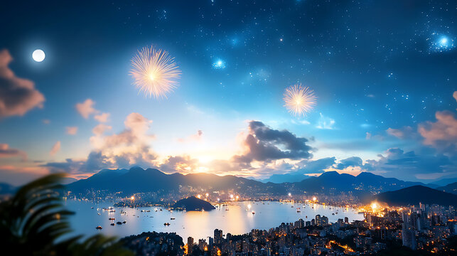 A breathtaking scenic mountaintop view illuminated by colorful fireworks over a vibrant cityscape at dusk