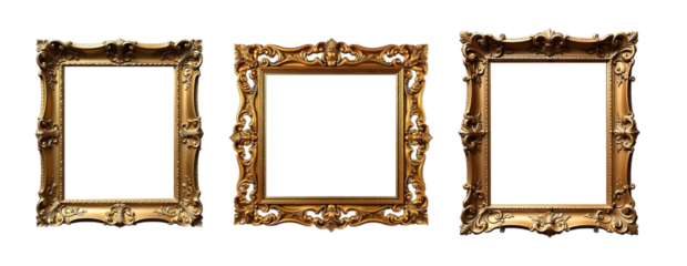 Set of Ornate Vintage Gold Frames with Intricate Carvings on Black Background - Elegant Baroque Style
