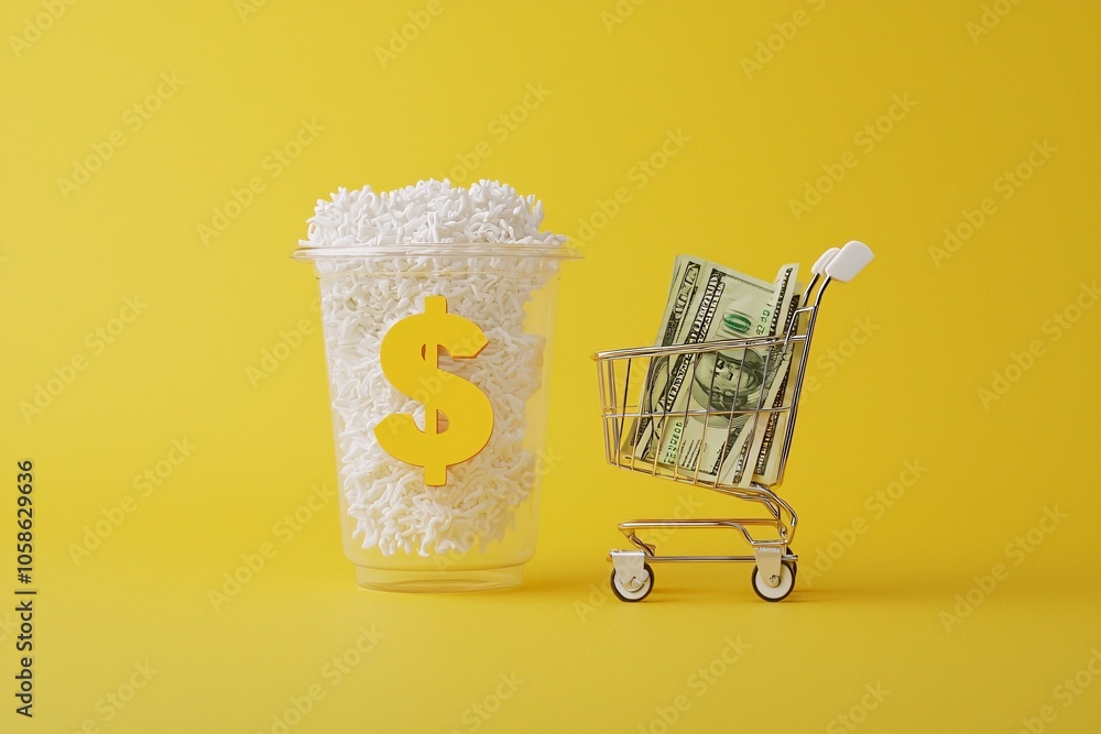 Poster a customer looks at a product with a price and value symbol side by side, emphasizing the perception