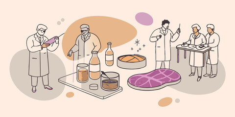 Scientific Innovation A lab scene showing scientists working on labgrown meat with bubbles highlighting the health benefits such as No Antibiotics and Reduced Diseases.