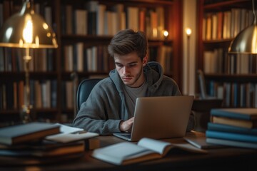 young lawyer studying at a desk, surrounded by legal texts and a laptop