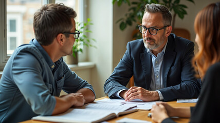 Business Team in Serious Discussion Around Table in Office – Professional Consultation or Meeting Scene
