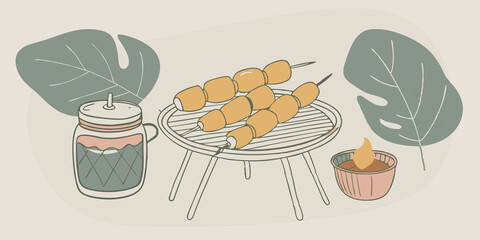 Summer BBQ Feast A festive outdoor BBQ scene with skewers of labgrown meat on a grill accompanied by corn on the cob colorful bell pepper slices and a jar of tangy barbecue sauce