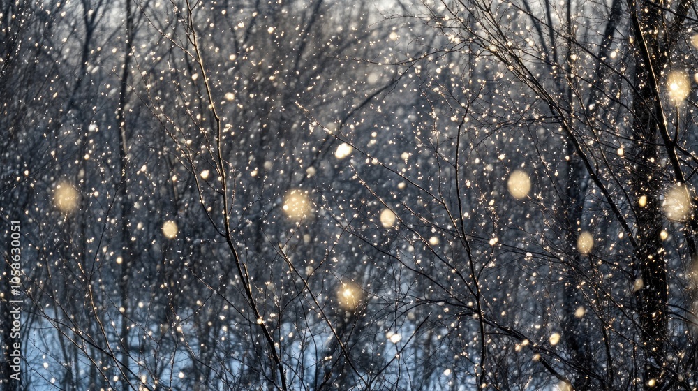 Poster sunlight shining through a snowstorm with bare tree branches in the foreground and a blurry backgrou