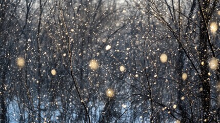 Sunlight shining through a snowstorm with bare tree branches in the foreground and a blurry background.