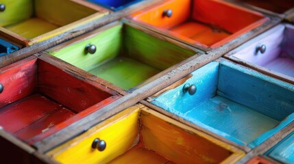 Colorful small drawers inside.