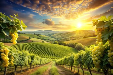 Fototapeta premium Rolling hills of lush green grapes under a warm sunny sky at the vineyard landscape, wine country, sunny day, grape harvesting, outdoors