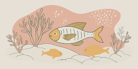 Naklejka premium Underwater Scene A whimsical underwater illustration showing animated laboratorygrown fish swimming a coral and seaweed highlighting their sustainable nature.