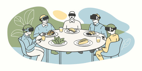Naklejka premium Virtual Reality Dining A futuristic restaurant featuring guests wearing VR headsets while enjoying labgrown meat dishes exploring different environments as they eat.